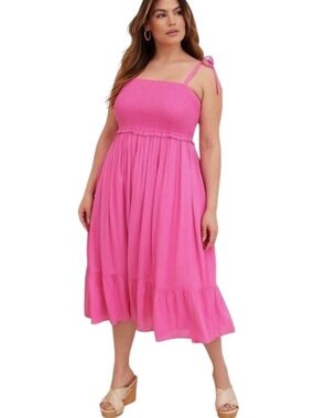 TORRID Pink Rayon Dobi Smocked Tiered Midi Dress Tie Straps NWT Sz 3X (22-24)